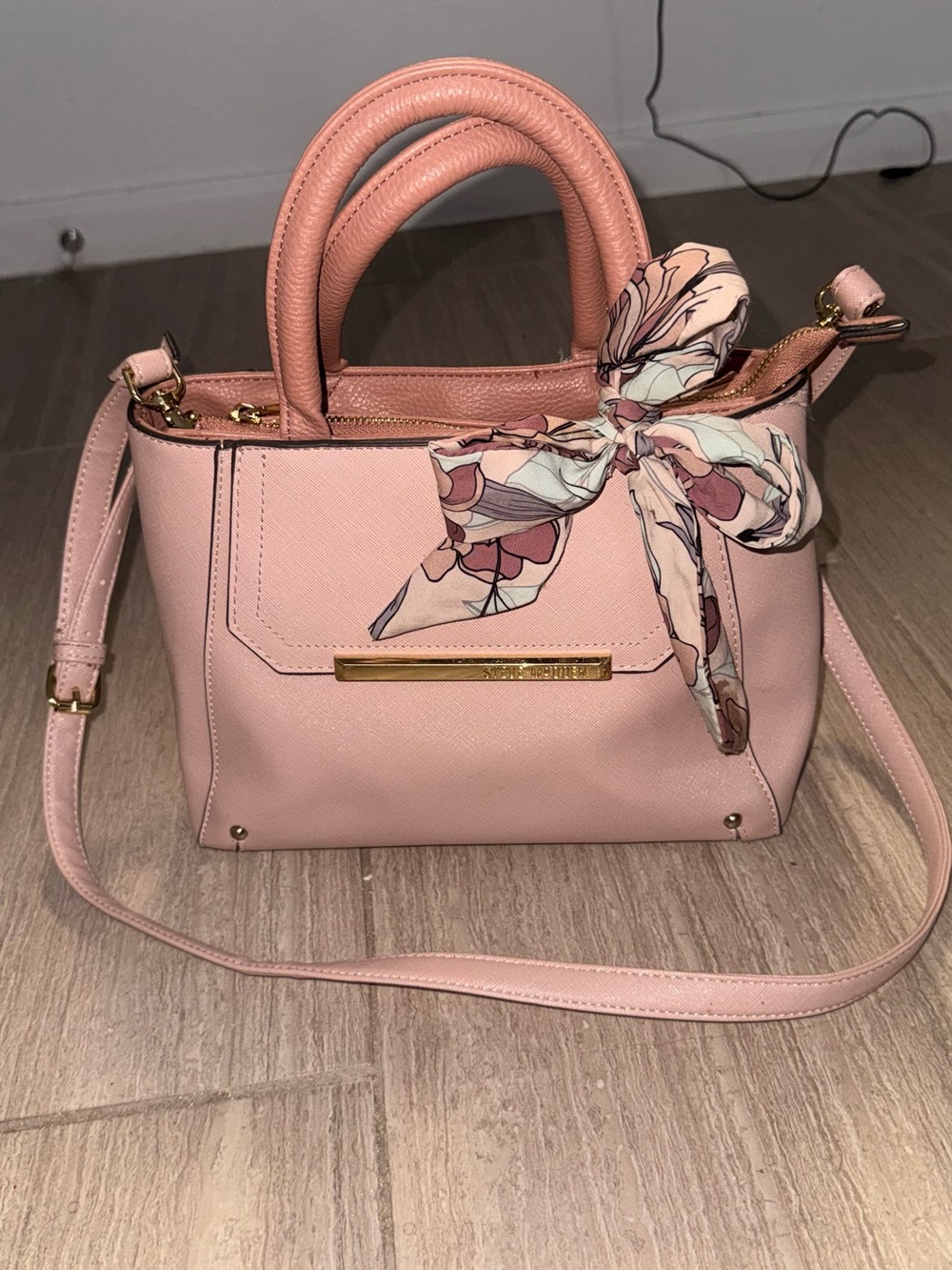 Steve Madden Pink Satchel with Floral Scarf Accent